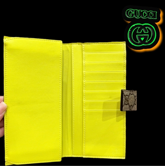⭐️Gucci Fluorescent Green/Yellow Supreme Neon Heart Monogram Wallet w Dust Cover - Picture 10 of 12